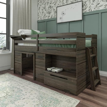 Max & Lily Loft Bed Twin Size, Solid Wood Low Loft Bed with Storage Drawer and Ladder, Modern Farmhouse Loft Bed for Kids, Barnwood Brown