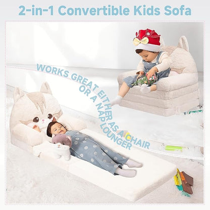 MONKISS Kids Couch, Comfy Toddler Chair, 2 in 1 Fold Out Kids Sofa to Lounger, Baby Sleeper Chair, Toddler Furniture, Birthday Gifts for Boys and Girls, 1~4 Years Old, Cute Cat
