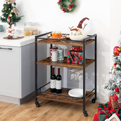 HOOBRO Bar Cart for The Home, Serving Cart with Wine Glass Hooks, Rolling Kitchen Cart with Lockable Wheels, 25.2 x 15.7 x 33.3 Inches Beverage Cart with Storage Shelves, Rustic Brown BF02TC01