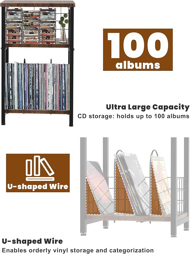 Record Player Stand, 3 Tier End Table with Double Layer Iron Wire Mesh Turntable Vinyl Record Stand Storage Up to 100 Albums, Nightstand Small Side Tables for Living Room Bedroom, Black