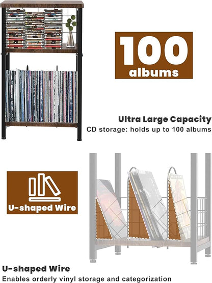 Record Player Stand, 3 Tier End Table with Double Layer Iron Wire Mesh Turntable Vinyl Record Stand Storage Up to 100 Albums, Nightstand Small Side Tables for Living Room Bedroom, Black