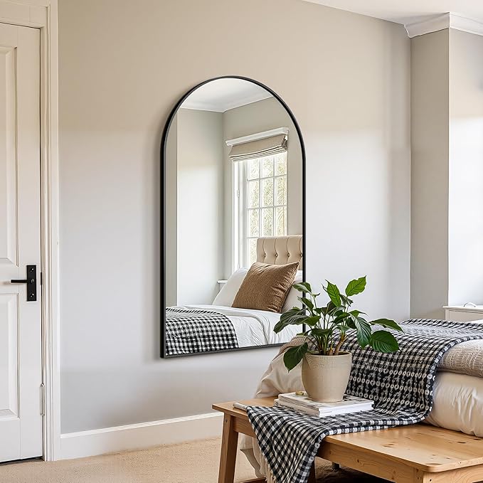 FICTOR Bathroom Vanity Mirror for Wall,55”x30” Large Arched Bathroom Mirror, Metal Framed with HD Shatter-Proof Glass for Entryway, Living Room,Bedroom, Wall Mounted or Leaned Against(Black)