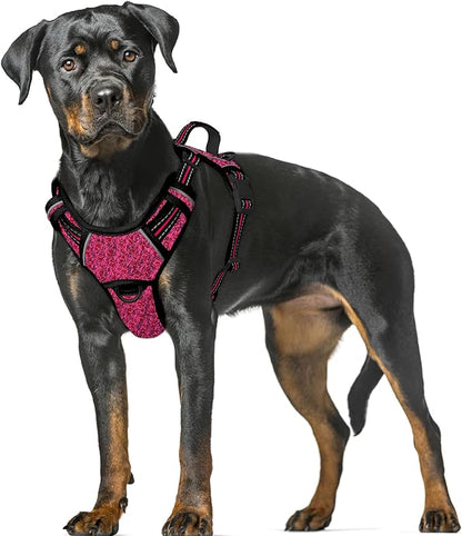 BARKBAY No Pull Dog Harness Large Reflective Dog Harness with Front Clip and Easy Control Handle for Walking Training Running with ID tag Pocket(Pink/Black,XL)