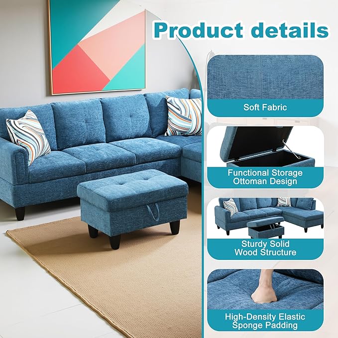 Couches for Living Room Modern L Shaped Couch Comfy Flannel Fabric 3 Pieces Sectional Sofa with Chaise, Ottoman with Storage for Office and Small Apartment, Blue