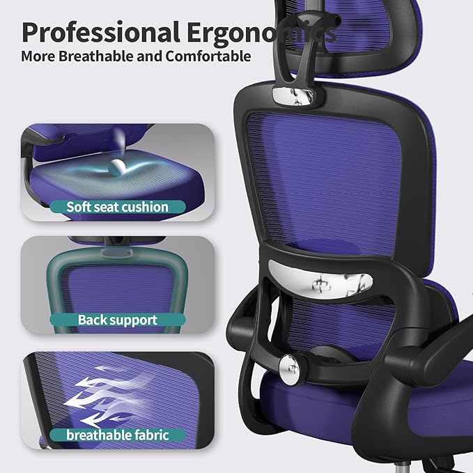 Office Chair Ergonomic Desk Chair, 330 LBS Home Mesh Office Desk Chairs with Wheels, Comfortable Gaming Chair, High Back Office Chair for Long Hours (Violet)