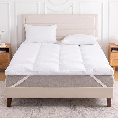 3 Inch White Goose Feather Mattress Topper,Queen Feather Bed Topper,Mattress Cover with Straps,Ultra Soft Pillowtop,100% Organic Cotton Fabric(60”x80”)