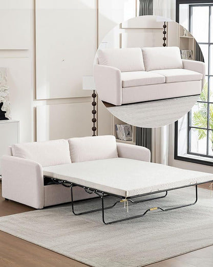 Queen Pull Out Sofa Bed, 2-in-1 Convertible Sleeper Sofa Couch with Memory Foam Mattress, 3-Seater Sofa Bed Queen with Arms for Living Room & Small Spaces, Beige