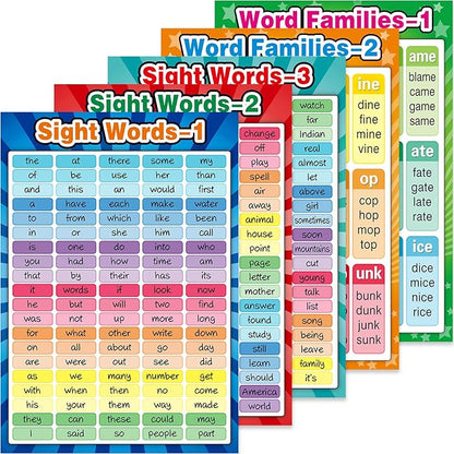 Outus Educational Posters Sight Words and Word Families Sight Words Posters Educational Charts, Classroom Decorations Learning Charts for Preschool, Kindergarten, Nursery, Homeschool, Playroom Decor