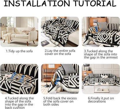 HANDONTIME Armchair Boho Sofa Covers for Dogs - Black & Beige Chenille Slipcovers for Chair, Recliner & Sectional Couch - Pets Protector - 71" x 71"