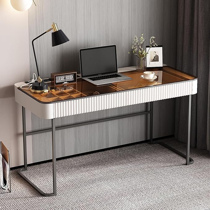 Lartis Office Desk with Drawer - Writing Desk with Intelligent Socket Computer Desk with USB Port Compartmentalized Storage for Home Office Working Gaming