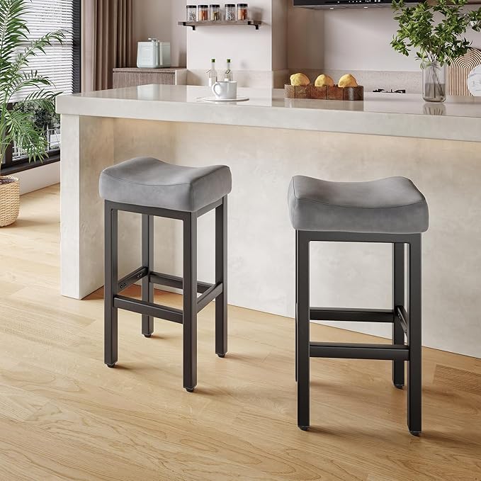 29 Inch Bar Height Bar Stools Set of 2, 29" Barstools for Kitchen Island Counter, Backless Bonded Leather Bar Height Stools with Thick Saddle Seats & Heavy Duty Metal Base, Easy Assembly, Gray/Black
