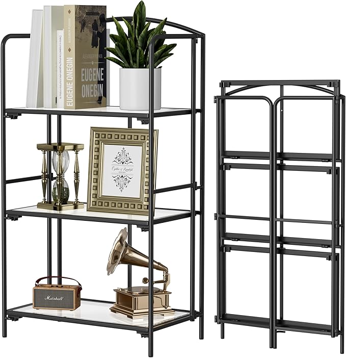 Crofy No Assembly Folding Bookshelf for Living Room, 3 Tier Black Collapsible Book Shelf for Home Office, Portable Bookcase Storage Organizer