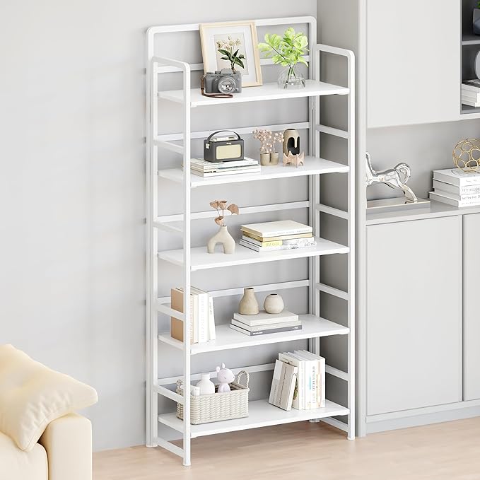 No Assembly Folding Bookshelf, 5 Tiers Collapsible Book Shelf for Home Office, Vintage Wood Foldable Bookcase Storage Organizer for Living Room Bedroom (White)