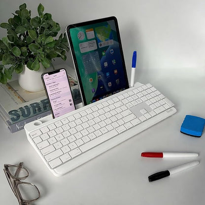 Birch Small Desktop Glass Whiteboard & Magnetic Calendar – Dry Erase Desk Pad Keyboard Stand with Storage, Adjustable Dividers, 3 Markers & Holder – Office, Home & School (Cloud)