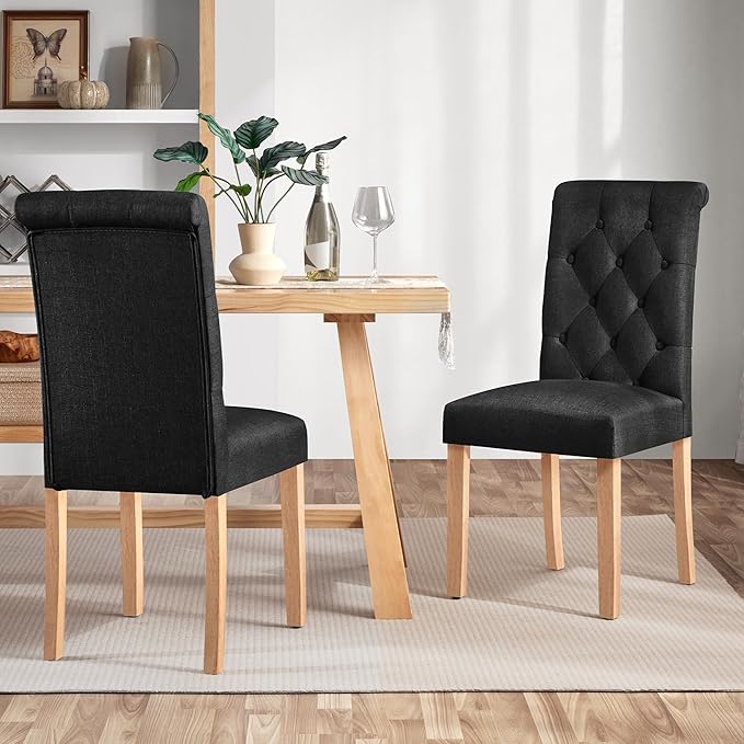 Yaheetech Dining Chairs Set of 2 Fabric Upholstered Dining Room Chairs with Button Tufted High Back and Solid Wood Legs for Kitchen/Living Room/Restaurant, Modern Style, Black