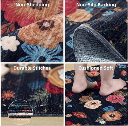Machine Washable Bedroom Area Rug: 5'x7' Living Room Rug Floral Vintage Large Rugs Stain Resistant Non Slip Low Pile Faux Wool Soft Rug for Dining Room Bedside Kitchen Entryway Nursery Home Office