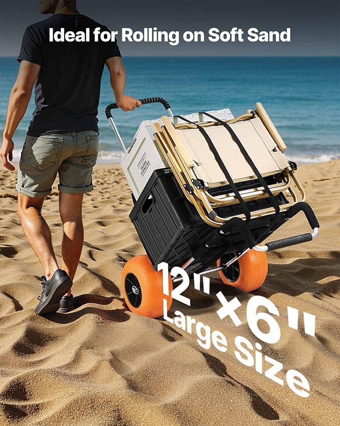 VEVOR Beach Dolly with Big Wheels for Sand, 29.9" x 15.4" Cargo Deck, w/ 12" Solid Wheels, 165LBS Loading Capacity Folding Sand Cart & 27" to 44.7" Adjustable Height, Heavy Duty Cart for Beach