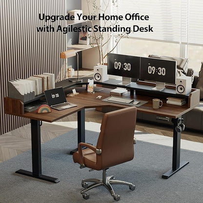 Agilestic L Shaped Standing Desk, Adjustable Height Corner Gaming Desk with Shelf, Sit Stand Up Desk, 63 x 55 Inch Home Office Computer Table, Dark Walnut