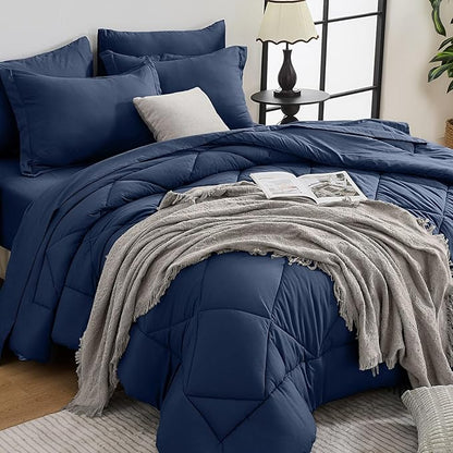 HEVUMYI Navy Blue King Comforter Set - 7-Piece All Season Bed in a Bag King, Ultra Soft Bedding Set with Comforter, Flat Sheet, Fitted Sheet, Pillowcases, Pillow Shams, Navy Blue