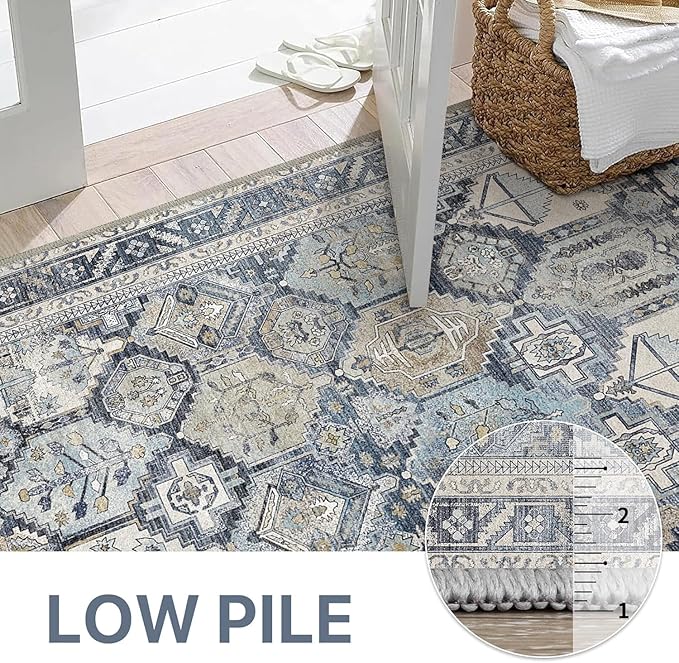 Bavni Washable Rug 6x9 Area Rug for Living Room Bedroom Dining, Washable Vintage Print Carpet, Ultra-Thin Chenille Low Pile Lightweight Rug with Non Slip Backing, Blue