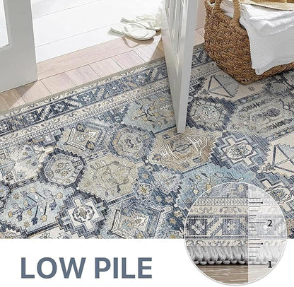 Bavni Washable Rug 6x9 Area Rug for Living Room Bedroom Dining, Washable Vintage Print Carpet, Ultra-Thin Chenille Low Pile Lightweight Rug with Non Slip Backing, Blue