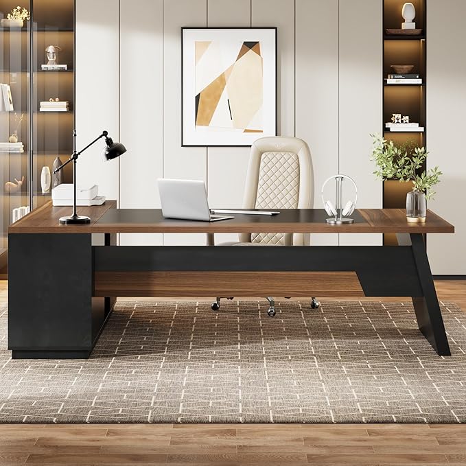 Tribesigns 78" L-Shaped Executive Desk, Large Modern Office Desk with Drawers and File Cabinet, Business Furniture with Storage Shelves, Big Computer Desk for Home Office (Light Walnut + Black)