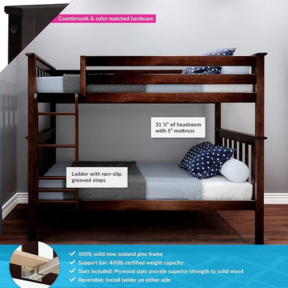 Max & Lily Bunk Bed Twin over Twin, Solid Wood Bunk Bed Frame with Ladder for Kids, 14" Safety Guardrails, Easy Assembly, No Box Spring Needed, Espresso