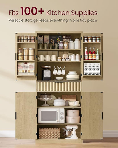 VASAGLE MAXE Collection - Pantry Cabinet, 70.6-Inch Tall Storage Cabinet with Drawer, 6 Adjustable Shelves, 2 Cabinets, Fluted Doors, Mid Century Modern, for Kitchen Living Room, Oak Beige UBBK365Y01