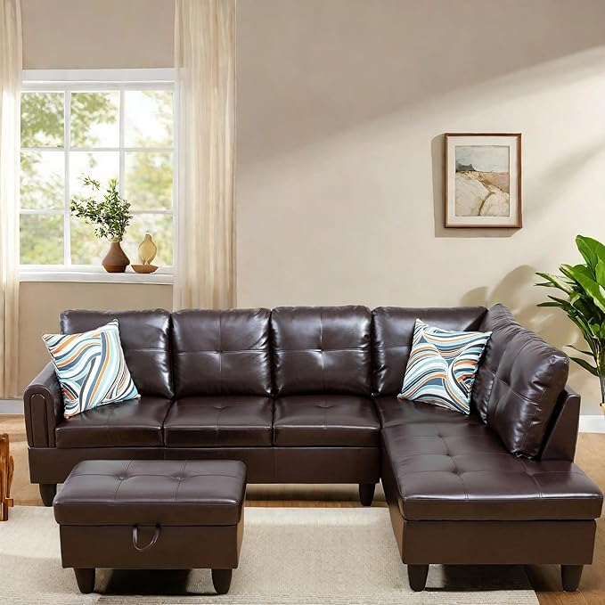 L Shaped Sectional Couch with Otttoman, 97" Leather Sectional Sofa for Living Room Modular Couches with Cup Holders for Bedroom, Apartments, Brown