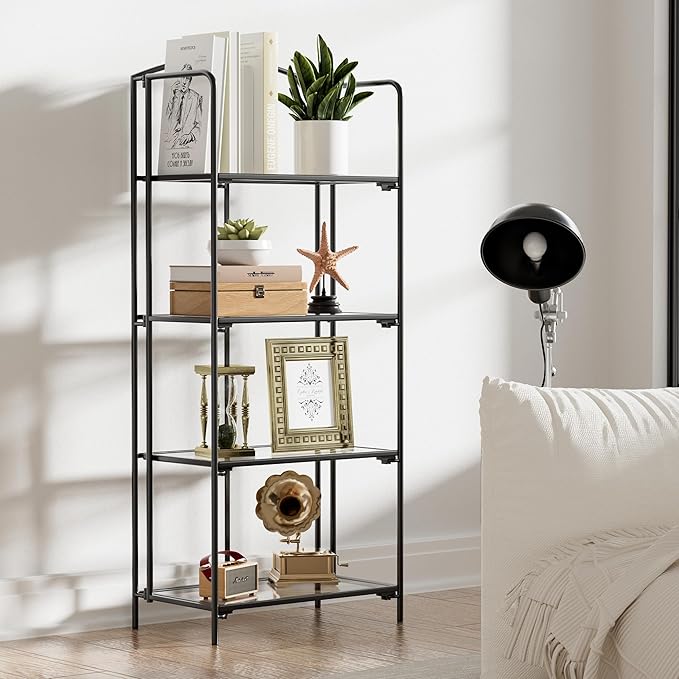 Crofy No Assembly Folding Bookshelf for Living Room, 4 Tier Black Collapsible Book Shelf for Home Office, Portable Bookcase Storage Organizer