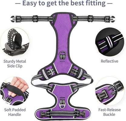 HEELE Dog Harness, No Pull Adjustable Padded Reflective Harness for Small Medium Large Dogs with Handle for Walking Training, Purple, L