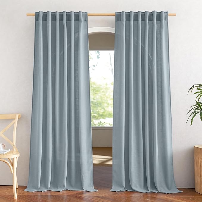 NICETOWN Linen Blend Mist Blue Curtains for Living Room, Rod Pocket & Back Tab Flax Burlap Window Treatments Semi Sheer Privacy with Light Filtering Drapes for Bedroom, W52 x L84, 2 Panels