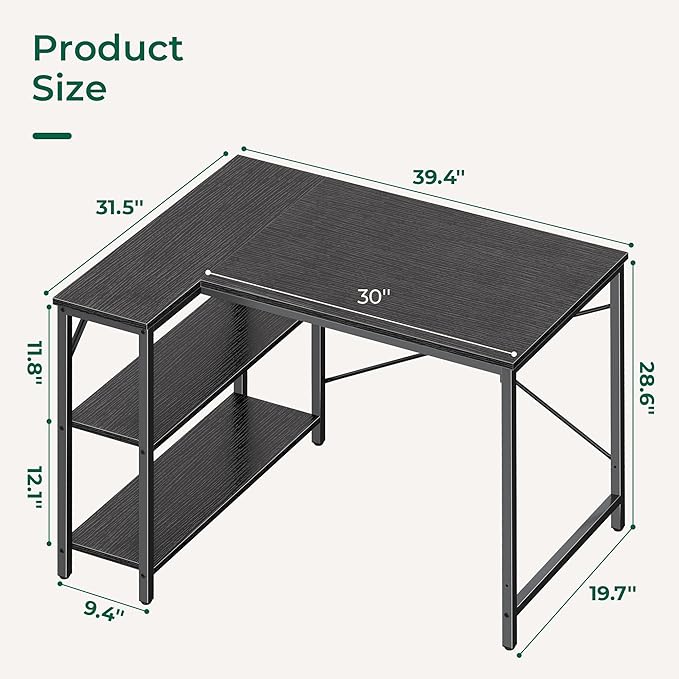 Huuger L Shaped Desk, 39 Inches Computer Desk with Reversible Storage Shelves, Gaming Desk, for Corner Home Office Writing Study, Metal Frame, Black