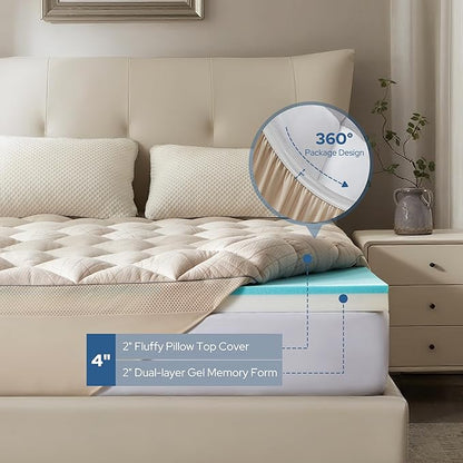 Bedlore 4-Inch California King Mattress Topper for Back Pain - Dual Layer Medium Support (2" Gel Memory Foam + 2" Cooling Fluffy Pillow Top Pad), Breathable & Pressure Relief (Beige)