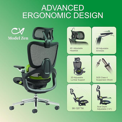 Ergonomic Office Chair, Mesh Home Office Desk Chair with Adaptive Lumbar Support, Gaming Chair with Headrest, 5D Armrest,90-130°Tilt, BIFMA Certified, Model Zen (Green)