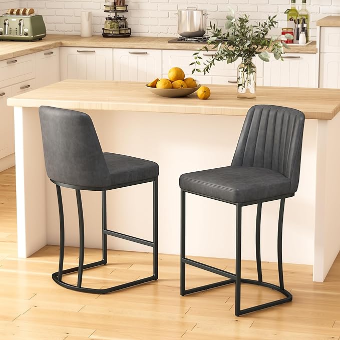 Counter Height Bar Stools Set of 2, Upholstered Leather Barrel Barstools with Back and Metal Legs for Kitchen Island, 27.4" Seat Height, Fabric in Faux Leather, Rustic Grey