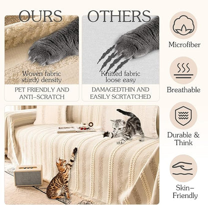 Couch Cover for Dogs Washable Sofa Cover, Sectional Couch Covers, Sofa Covers for 2 Cushion Couch, Non Slip Stripe Sofa Slipcovers Furniture Protector, Couch Protector from Cat Claws, Beige,75''x118''