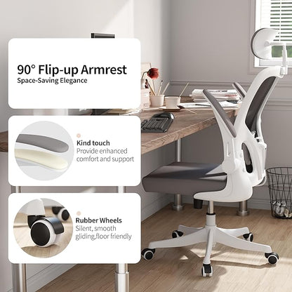 Monhey Office Chair Ergonomic Desk Chair with Lumbar Support&Headrest&Flip-up Arms Height Adjustable Rocking Swivel High Back Computer Chair Warm Taupe Mesh Study Chair (02White+Grey)