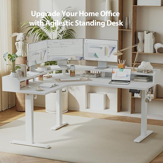 Agilestic L Shaped Standing Desk, Adjustable Height Corner Gaming Desk with Shelf, Sit Stand Up Desk, 63 x 55 Inch Home Office Computer Table, White