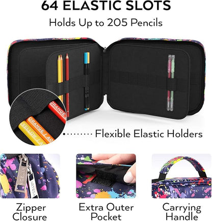 Arteza Pencil Case Organizer, 64 Elastic Slots, Paint Splatter Pattern, Large Capacity, Holds Up to 205 Pencils, Pens, and Markers