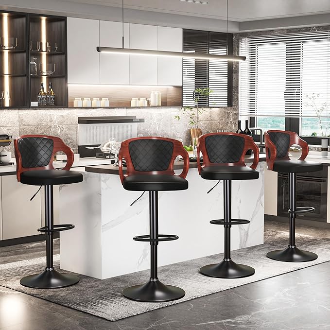 VECELO BarStools Set of 2,Counter Height Stools with Bentwood Back&Arm, Swivel Barstools,PU Leather Kitchen Island Stools, Adjustable Height Bar Chairs for Club Pub Dining Room,Black