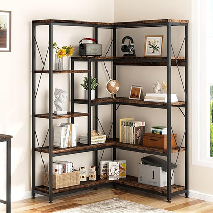 Shintenchi 5 Tiers Corner Bookshelf, 70.86" Tall L-Shaped Bookcase, Large Corner Etagere Bookcase, Corner Shelf Display Storage Rack with Metal Frame for Living Room Home Office, Rustic Brown