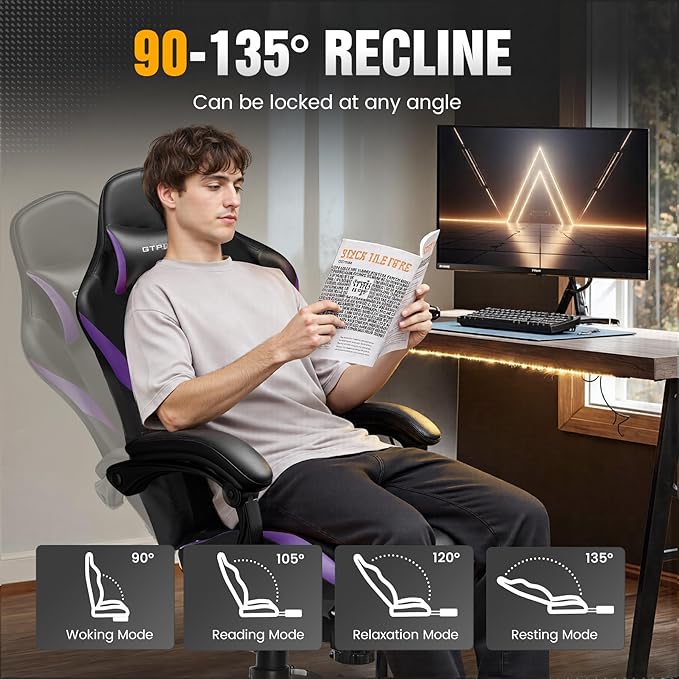 GTRACING Gaming Chair with Foot Rest & Pocket Spring Cushion, Ergonomic High Back Computer Chair with Headrest & 360°-Swivel Seat for Home Office Desk, PU Leather, Purple