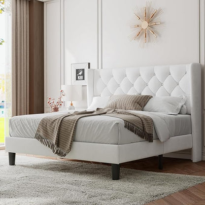 Feonase Queen Size Bed Frame with Diamond Tufted Wingback Headboard, Upholstered Platform Bed, Sturdy Wooden Slats Support, Noise-Free, No Box Spring Needed, Easy Assembly, White