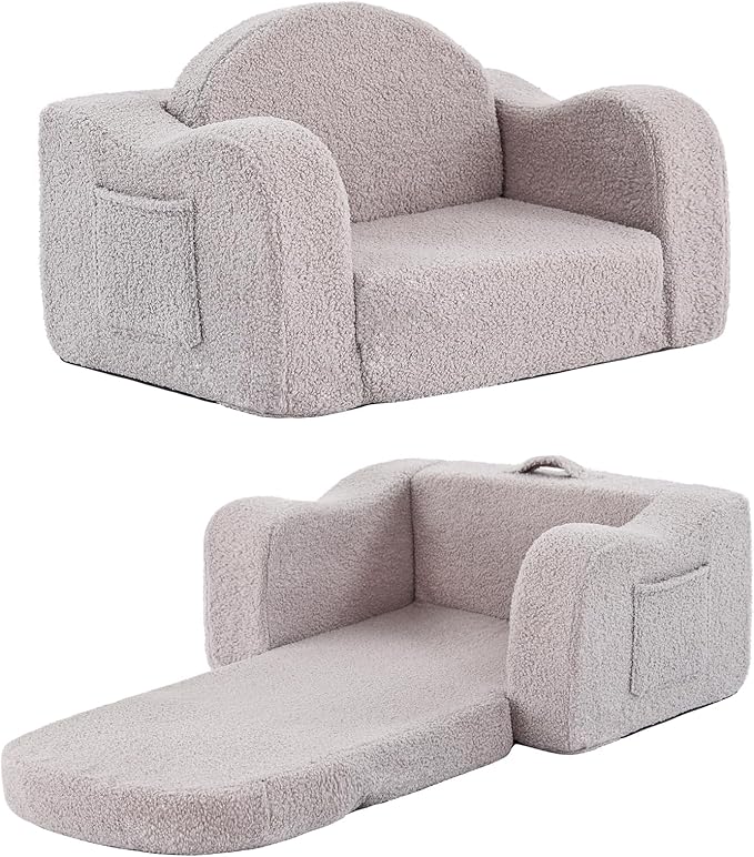 Tiita Kids Sofa, 2-in-1 Kid Sofa Chair, Convertible Chirldren Couch to Lounger, Flip Out Kids Sofa Chair, Toddler Armrest Chair Bed, Folding Kids Play Sofa for Girl or Boy, Grey