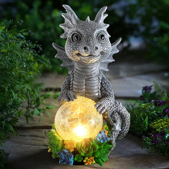 Solar Garden Outdoor Statues Dragon Holding Magic Orb with Solar LED Lights - Lawn Decor Outdoor Statue for Patio, Balcony, Yard Ornament,Unique Gifts for Mom Grandma