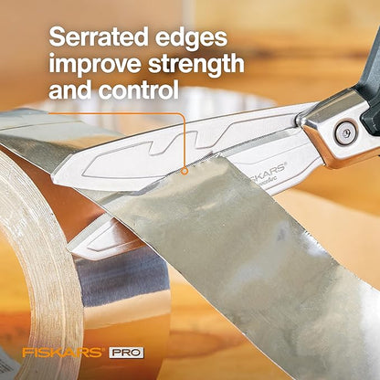 Fiskars PowerArc 8" Shop Shears, Heavy Duty Serrated Stainless Steel Scissors with Comfort Grip, Hardware Tool for Construction, Cut Materials like Insulation, Duct Tape, Cardboard, Rope and Tyvek