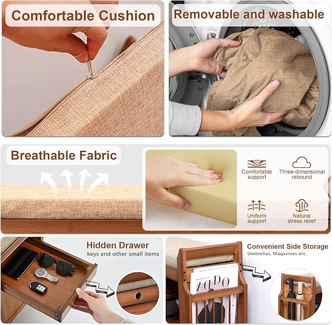 Shoe Storage Bench for Entryway, Bamboo Entryway Bench with Hidden Drawer and Side Brackets,2-Tier Shoe Rack Organizer for Entryway, Hallway,Bedroom and Bathroom