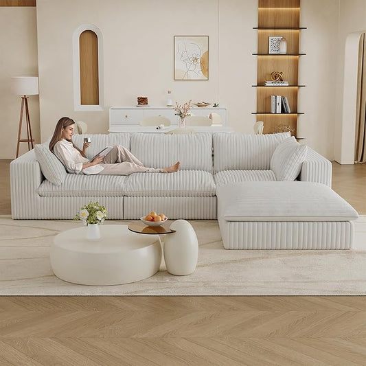 118.2" L Shaped Modular Sectional Cloud Couch with Ottoman, Plush Corduroy Upholstered Compression Sofa, 4-Seat Deep Seat Boneless Sofa Couches with Throw Pillow