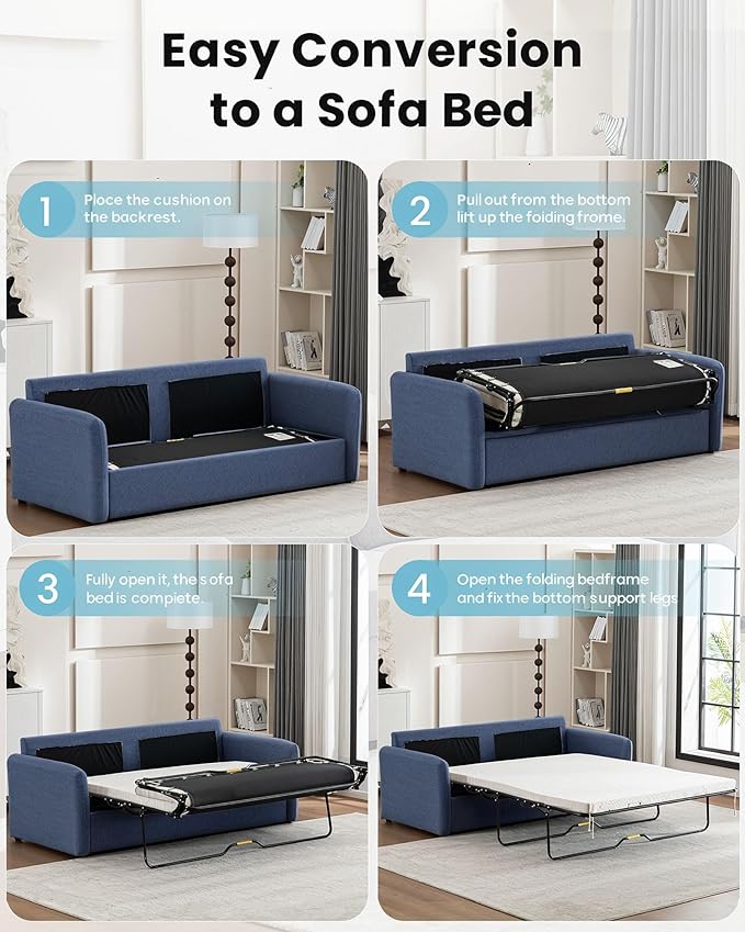 Queen Pull Out Sofa Bed, 2-in-1 Convertible Sleeper Sofa Couch with Memory Foam Mattress – Space-Saving Sofa Bed Queen for Living Room & Guest Room, Navy Blue